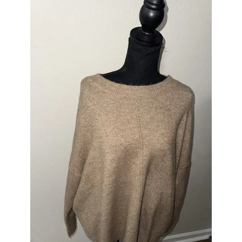 Vince Camuto Sweater L Taupe Tan Heathered Oversized Knit Pullover Large Seam